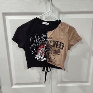 January 7 Black & Tan Graphic Drawstring Crop Tee